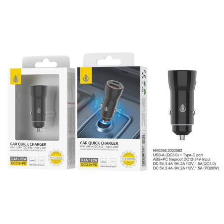Jc Na0256 Black / Cargador De Vehículo Usb-C / Usb-A 20W - 8435606713016