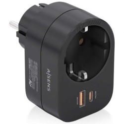 Enchufe Aisens ASPS-1A1C07-BK/ 1 Toma de Corriente/ 1 USB Tipo-C PD/ 1 USB/ Negro - ASPS-1A1C07-BK
