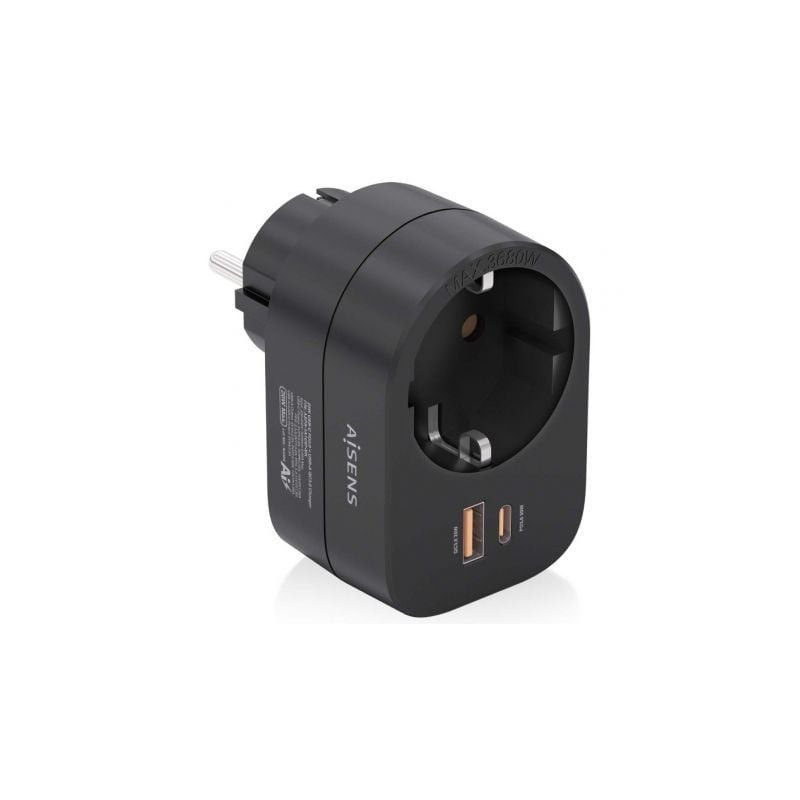 Enchufe Aisens ASPS-1A1C07-BK/ 1 Toma de Corriente/ 1 USB Tipo-C PD/ 1 USB/ Negro - ASPS-1A1C07-BK