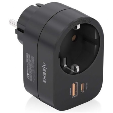 Enchufe Aisens ASPS-1A1C07-BK/ 1 Toma de Corriente/ 1 USB Tipo-C PD/ 1 USB/ Negro - ASPS-1A1C07-BK