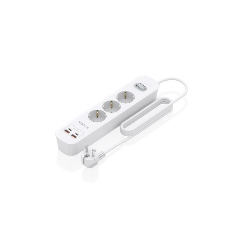 Regleta con Interruptor Aisens ASPS-2A2C10-W/ 3 Tomas de Corriente/ 2 USB - 2 USB Tipo-C/ Cable 1.4m/ Blanco - ASPS-2A2C10-W
