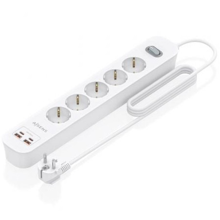 Regleta con Interruptor Aisens ASPS-2A2C14-W/ 5 Tomas de Corriente/ 2 USB - 2 USB Tipo-C/ Cable 1.4m/ Blanco - ASPS-2A2C14-W