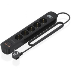 Regleta con Interruptor Aisens ASPS-2A2C15-BK/ 5 Tomas de Corriente/ 2 USB - 2 USB Tipo-C/ Cable 1.4m/ Negro - ASPS-2A2C15-BK