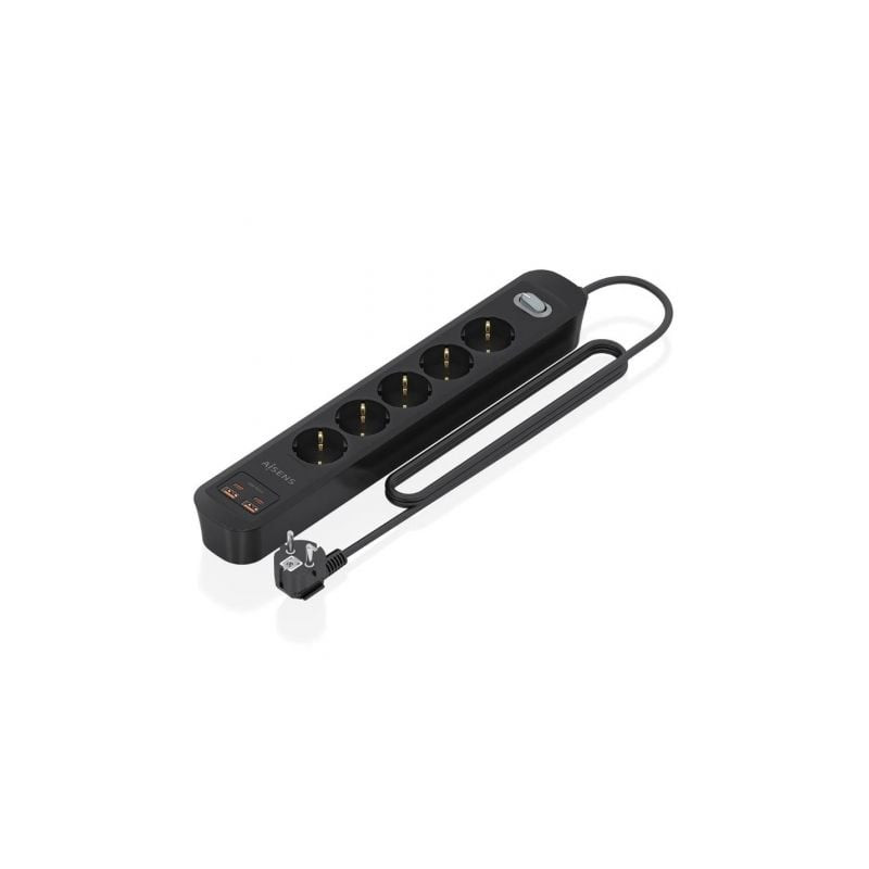 Regleta con Interruptor Aisens ASPS-2A2C15-BK/ 5 Tomas de Corriente/ 2 USB - 2 USB Tipo-C/ Cable 1.4m/ Negro - ASPS-2A2C15-BK