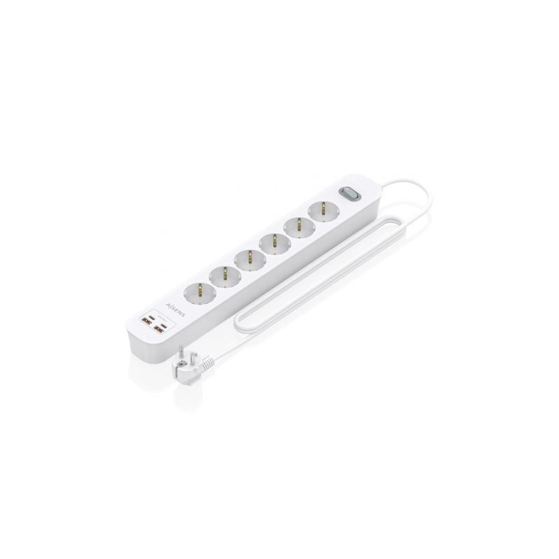 Regleta con Interruptor Aisens ASPS-2A2C16-W/ 6 Tomas de Corriente/ 2 USB - 2 USB Tipo-C/ Cable 1.4m/ Blanco - ASPS-2A2C16-W