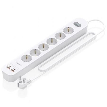 Regleta con Interruptor Aisens ASPS-2A2C16-W/ 6 Tomas de Corriente/ 2 USB - 2 USB Tipo-C/ Cable 1.4m/ Blanco - ASPS-2A2C16-W