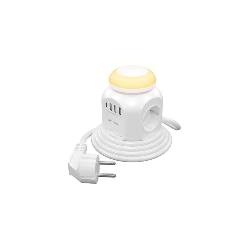 Regleta con Interruptor y Luz Nocturna Aisens ASPS-3A1CL01-W/ 4 Tomas de Corriente/ 1 USB Tipo-C/ 3 USB/ Cable 1.8m/ Blanco - AS
