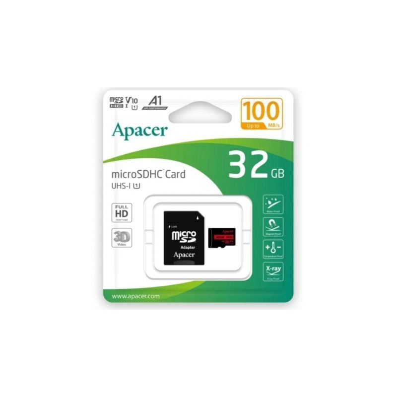Tarjeta de Memoria Apacer 32GB microSD HC UHS 1 con Adaptador/ Clase 10/ 100MBs - AP32GMCSH10UB-R