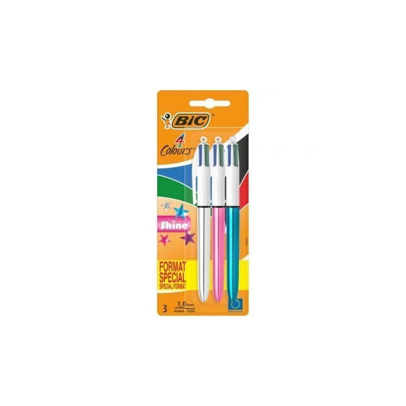 Bolígrafos de Tinta de Aceite Retráctil Bic 4 Colors Shine 9122751/ 3 unidades/ 4 Colores de Tinta/ Cuerpo Color Brillante - 912