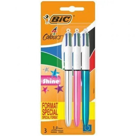 Bolígrafos de Tinta de Aceite Retráctil Bic 4 Colors Shine 9122751/ 3 unidades/ 4 Colores de Tinta/ Cuerpo Color Brillante - 912