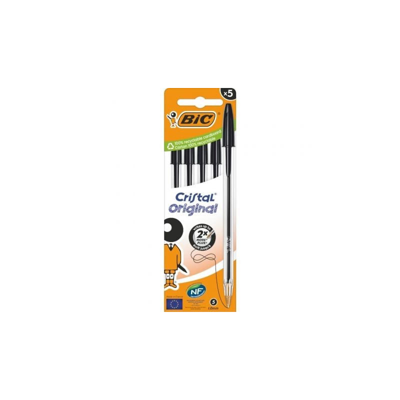 Caja de Bolígrafos de Tinta de Aceite Bic Cristal Original 516345/ 5 unidades/ Negros - 516345