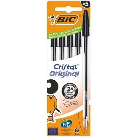Caja de Bolígrafos de Tinta de Aceite Bic Cristal Original 516345/ 5 unidades/ Negros - 516345
