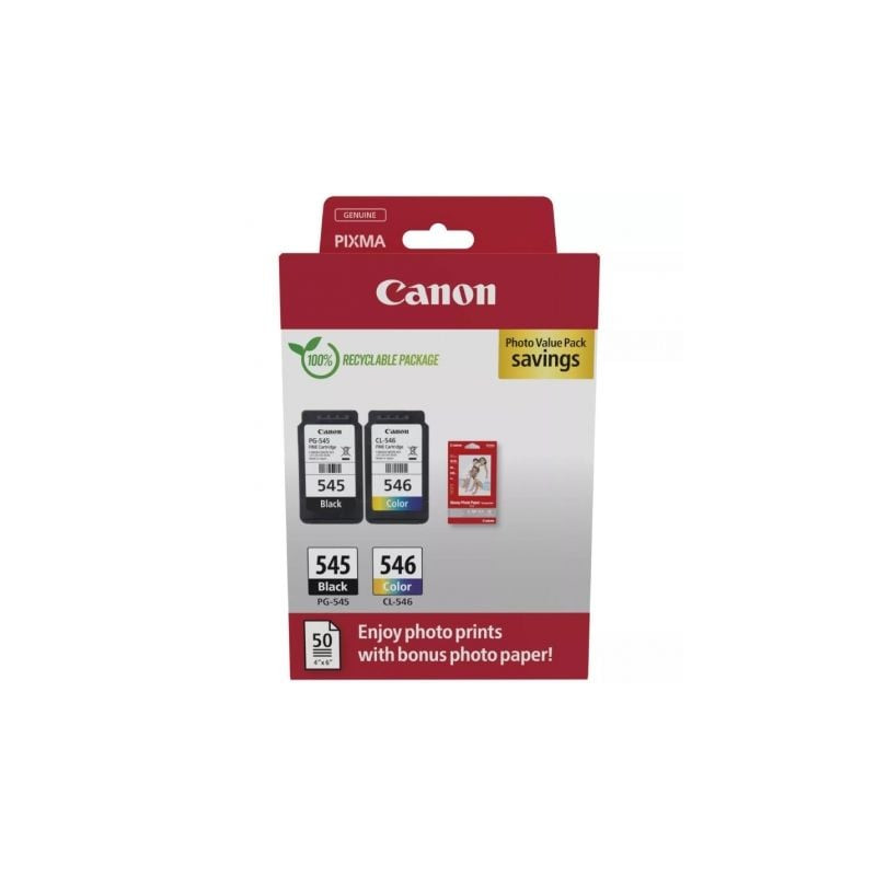Cartucho de Tinta Original Canon PG-545 + CL-546 Multipack/ Negro/ Tricolor + Papel Fotográfico - 8287B008