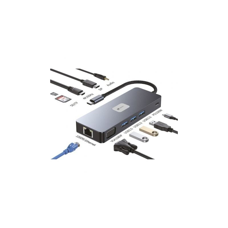 Docking USB Tipo-C Leotec LEDS03/ 3xUSB/ 1xUSB Tipo-C PD/ 1xHDMI 4K/ 1xDisplayPort/ 1xVGA/ 1xAudio/ 1xRJ45/ 1xLector Tarjetas SD