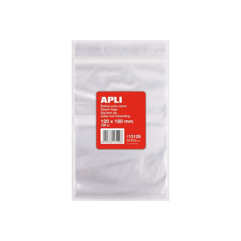 Apli Pack de 100 Bolsas de Auto Cierre 120 x 180 mm - Cierre Seguro - Aptas para Alimentos - 13129