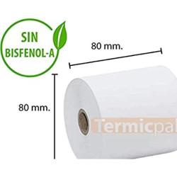 PAPEL TERMICO 80X80X12 MM 56GR. - PAQUETE 8 ROLLOS - SIN BISFENOL-A - (Caja completa 6 paquetes) - 80X80X12SINBPA_PAQUETE8
