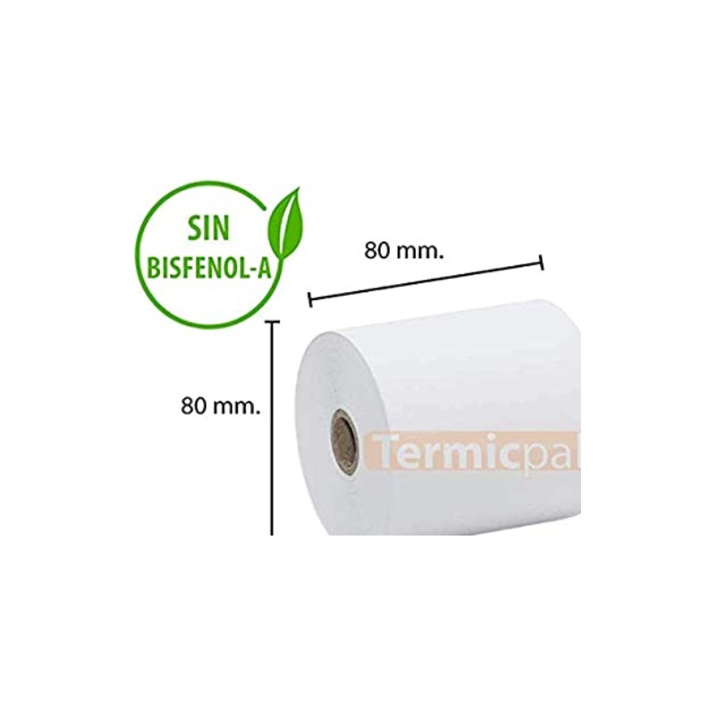 PAPEL TERMICO 80X80X12 MM 56GR. - PAQUETE 8 ROLLOS - SIN BISFENOL-A - (Caja completa 6 paquetes) - 80X80X12SINBPA_PAQUETE8
