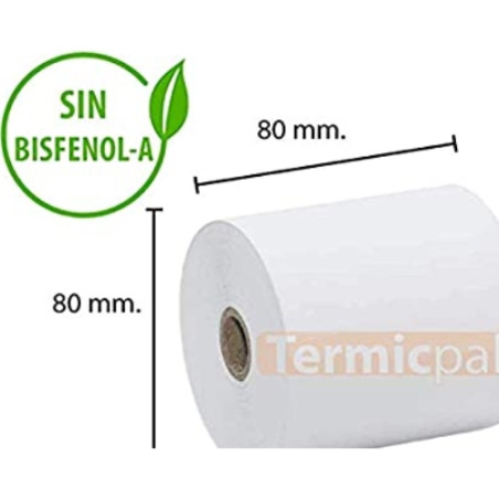 PAPEL TERMICO 80X80X12 MM 56GR. - PAQUETE 8 ROLLOS - SIN BISFENOL-A - (Caja completa 6 paquetes) - 80X80X12SINBPA_PAQUETE8