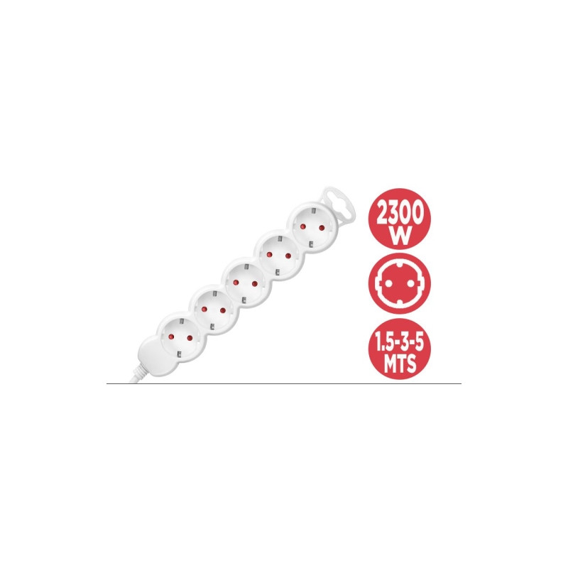 Phasak - Regleta 5 tomas schuko sin interruptor blanca - Cable 1,5 metros - BN 3020