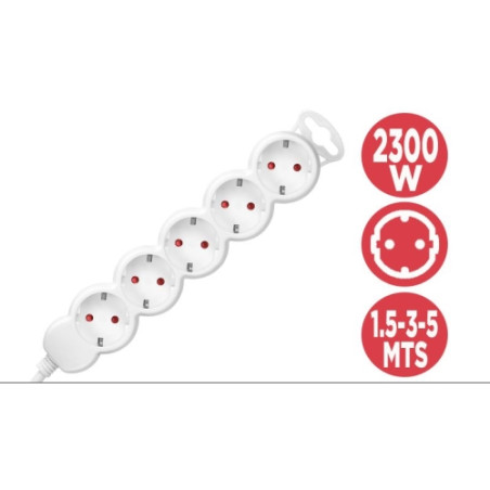 Phasak - Regleta 5 tomas schuko sin interruptor blanca - Cable 1,5 metros - BN 3020
