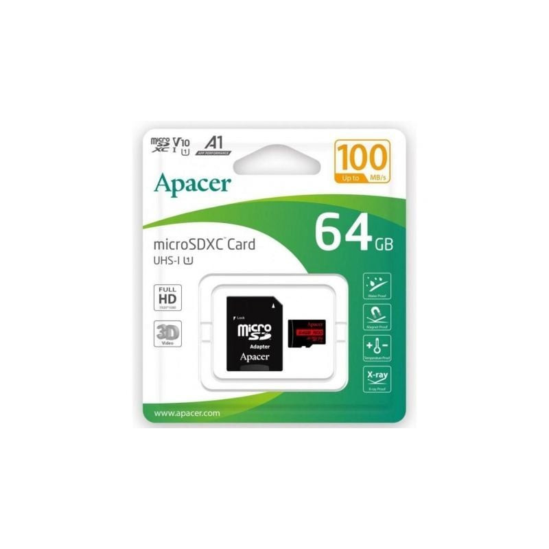 Tarjeta de Memoria Apacer 64GB XC UHS 1 con Adaptador/ Clase 10/ 100MBs - AP64GMCSX10UB-R