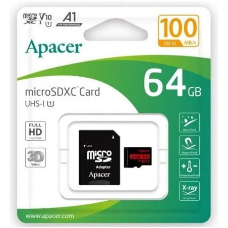 Tarjeta de Memoria Apacer 64GB XC UHS 1 con Adaptador/ Clase 10/ 100MBs - AP64GMCSX10UB-R