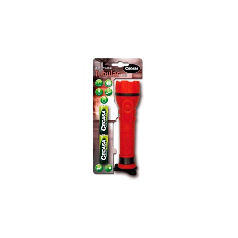 Cegasa Profesional Linterna de 3 LED - Cuerpo de Goma Antideslizante - Resistente a Golpes y Humedad - Funciona con 2 Pilas LR6 