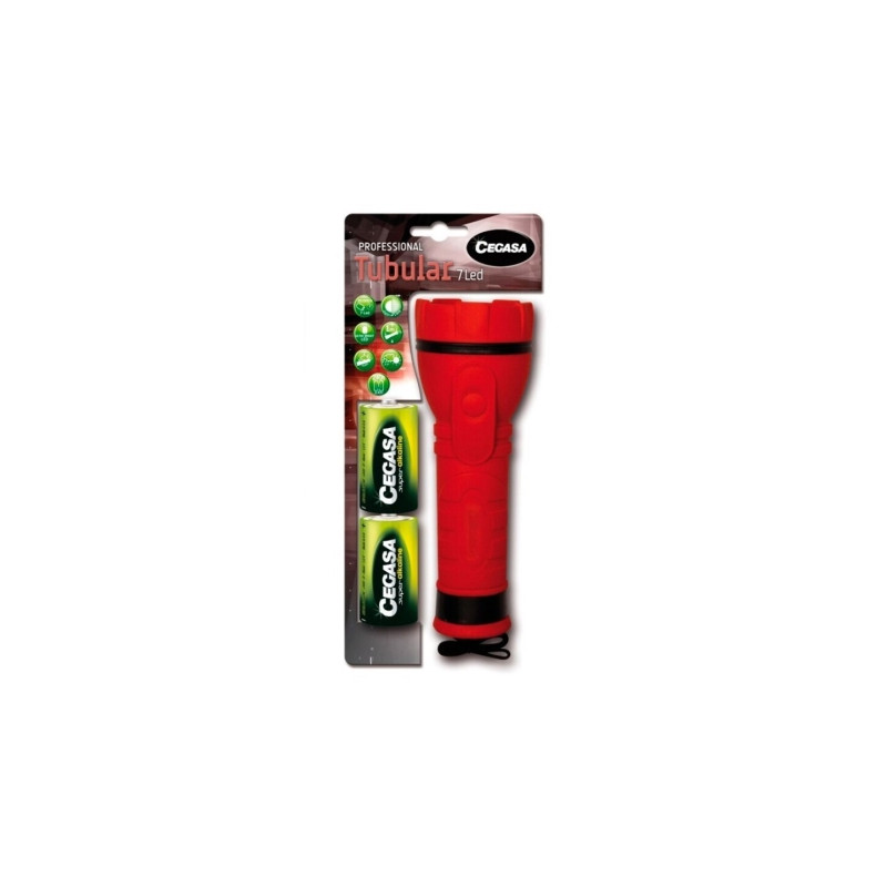 Cegasa Profesional Linterna de 7 LED - Cuerpo de Goma Antideslizante - Resistente a Golpes y Humedad - Funciona con 2 Pilas LR20