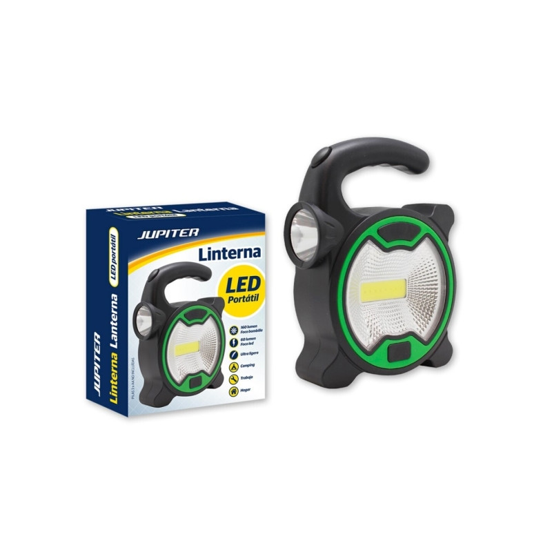 Jupiter Linterna COB+1 LED - Foco Bombilla 160lm, Foco LED 60lm - Funciona con 3 Pilas AA (No Incluidas) - Color Negro/Verde - 3