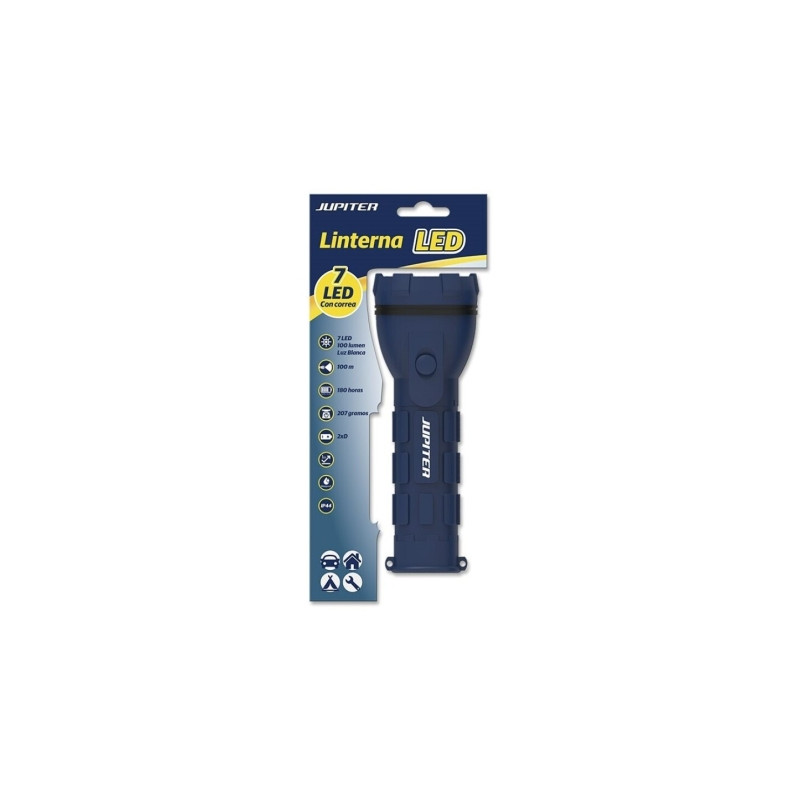 Jupiter Linterna de Luz Blanca 7 LED 100lm - Cuerpo de Goma - Resistencia IP44 - Funciona con 2 Pilas D R20 (No Incluidas) - Col