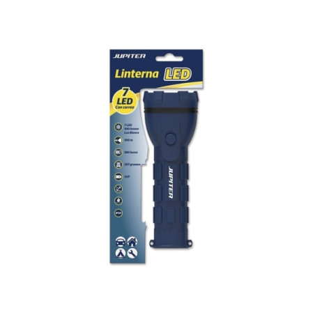 Jupiter Linterna de Luz Blanca 7 LED 100lm - Cuerpo de Goma - Resistencia IP44 - Funciona con 2 Pilas D R20 (No Incluidas) - Col