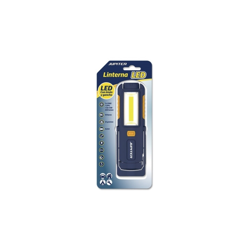 Jupiter Linterna de Trabajo LED+COB 250lm - Con Iman y Gancho - Resistencia IP44 - Funciona con 4 Pilas AA (No Incluidas) - Colo