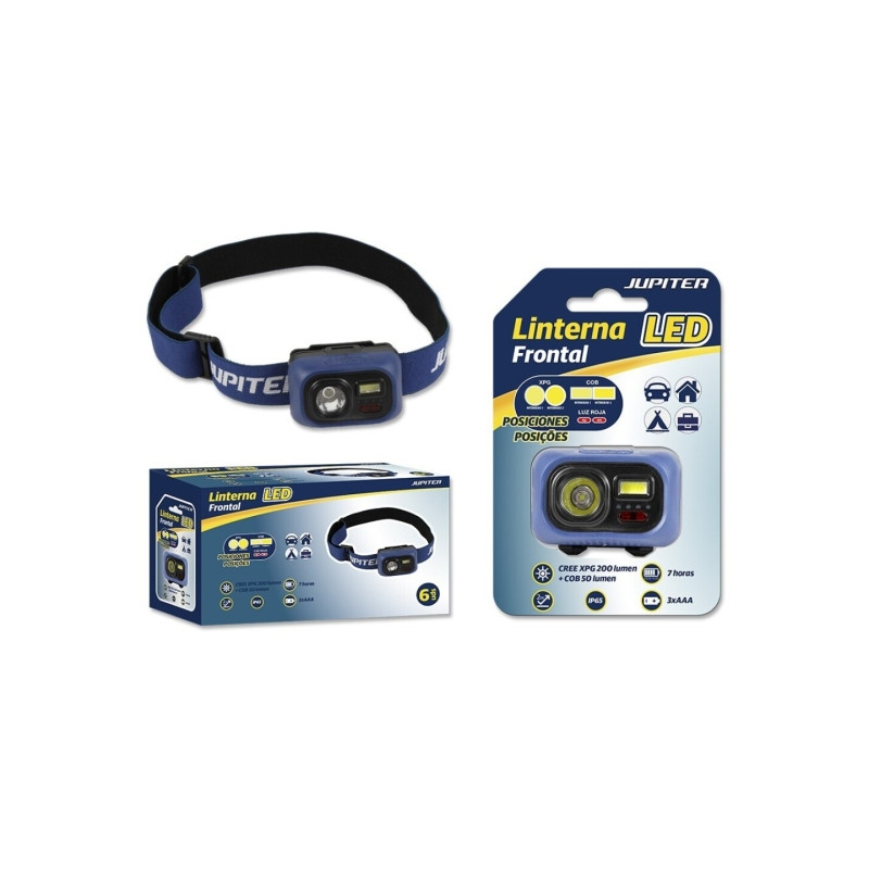 Jupiter Linterna Frontal LED 200lm + COB 50lm - Resistencia IP65 - Goma Ajustable para Cabeza - Funciona con 3 Pilas AAA (No Inc